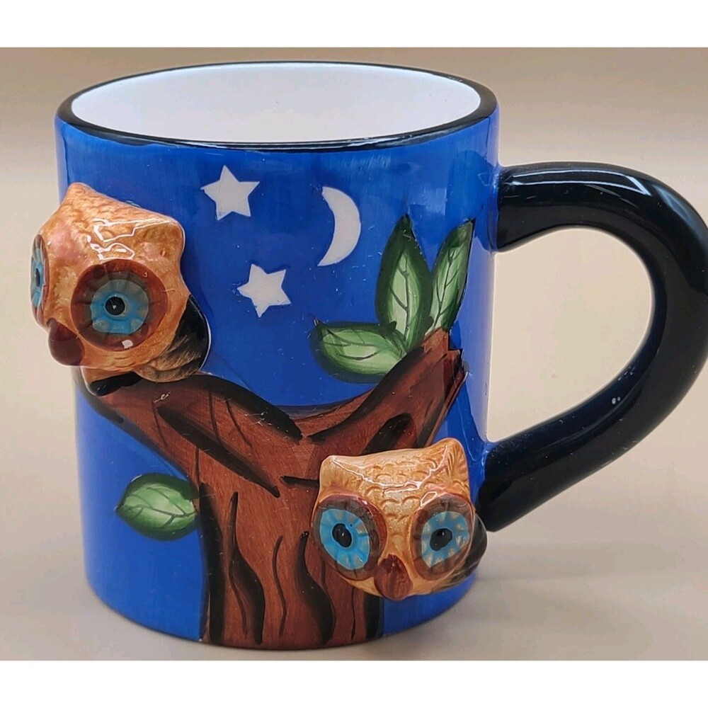 Owl Mug 3D By Mulberry Hand Painted Dimensional Moon Stars
